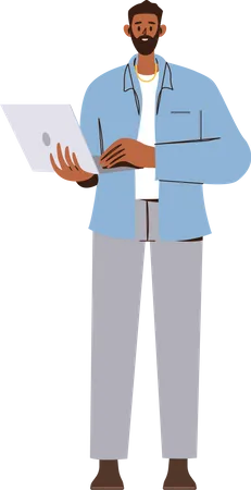 Young man standing and working on laptop  Illustration
