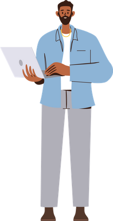 Young man standing and working on laptop  일러스트레이션