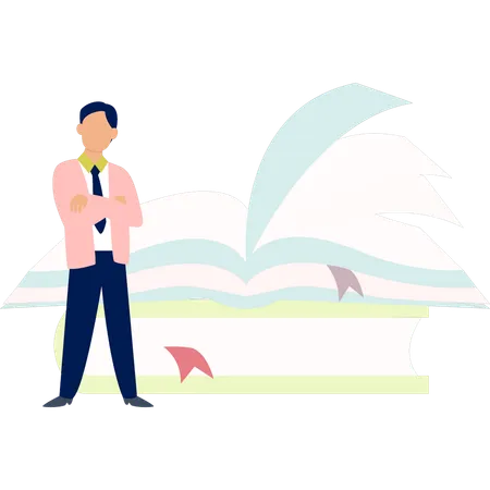 Young man standing in front of open book  Illustration