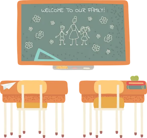 Blackboard With Drawing Vector Classroom Interior Wooden Desks With Books And School Supply Furniture And Items For Education Table And Chair Back To School Concept Flat Cartoon Illustration