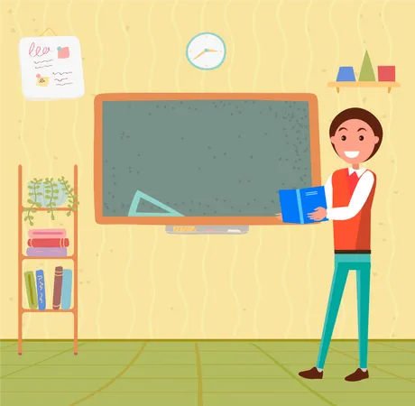 Young Smiling Man Standing In Front Of Chalkboard And Holding Textbook Male Teacher Or Student In Classroom Back To School Concept Vector Illustration Flat Cartoon 일러스트레이션