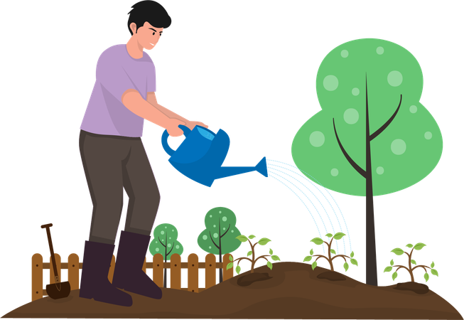 Young man standing in garden watering plants that he just planted again  Illustration