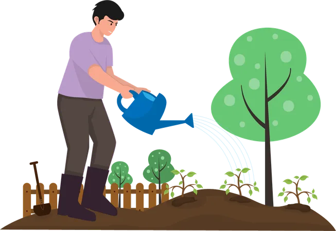 Young man standing in garden watering plants that he just planted again  Illustration