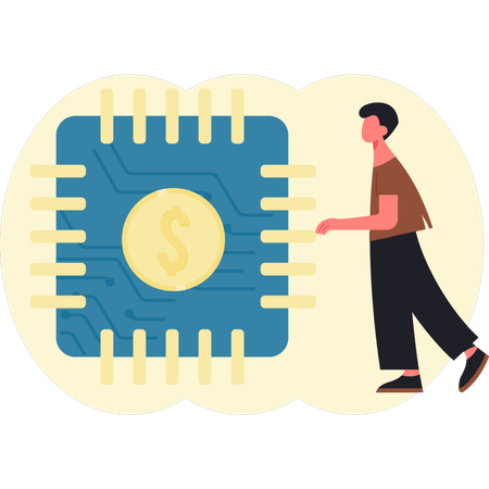 Young man standing near artificial intelligence chip  Illustration