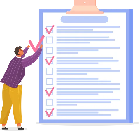 Young man standing near checklist and planning  Illustration