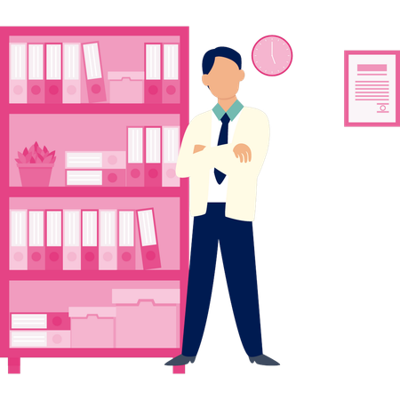 Young man standing near the files rack  Illustration