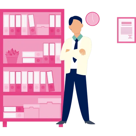 Young man standing near the files rack  Illustration