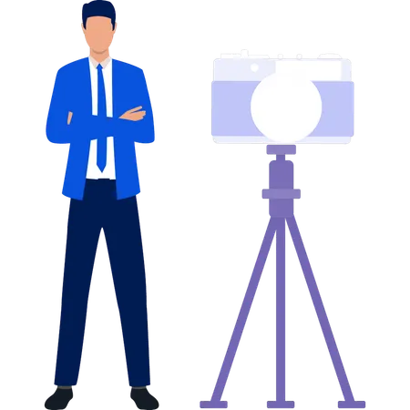 Young man standing next to  camera tripod  Illustration