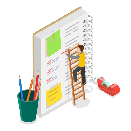 Young man standing on ladder while making task schedule  Illustration