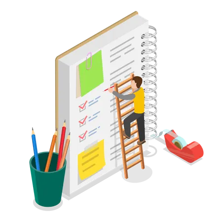 Young man standing on ladder while making task schedule  Illustration