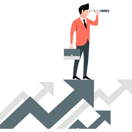 Young man standing up business growth arrow  Illustration