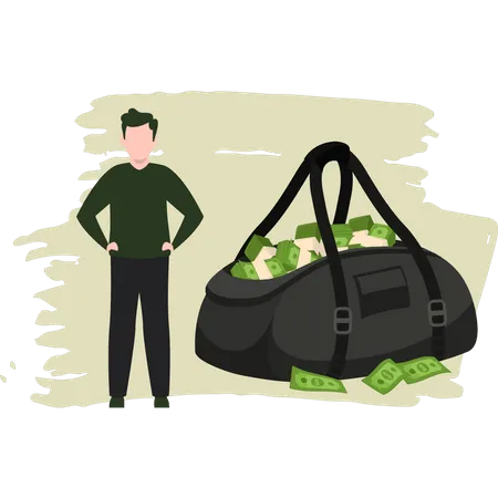 Young Man Standing With Bag Of Money Illustration