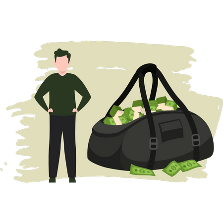 Young Man Standing With Bag Of Money  Illustration