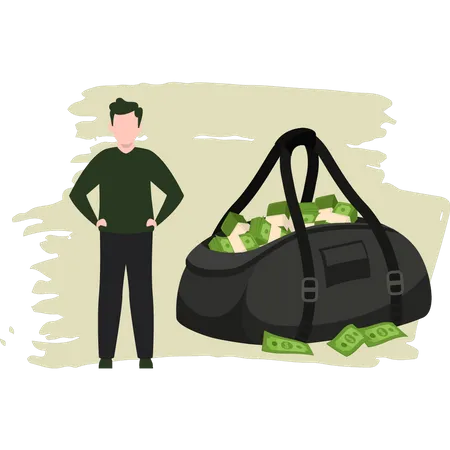 Young Man Standing With Bag Of Money  Illustration