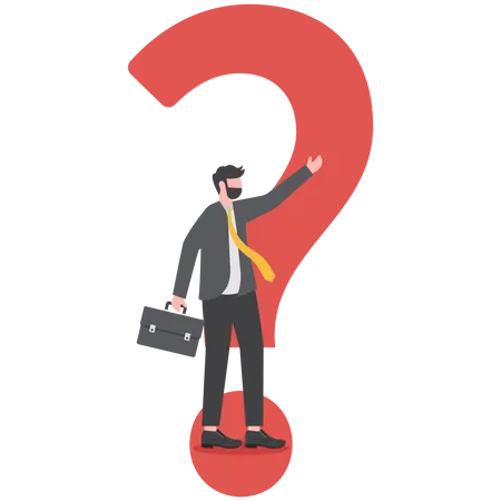Young Man Standing With Big Question Symbol And Trying To Give Answer FAQS Concept Illustration