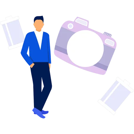 Young man standing with camera  Illustration