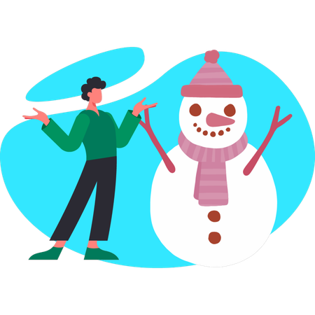Young man standing with open hand while presenting snowman  Illustration