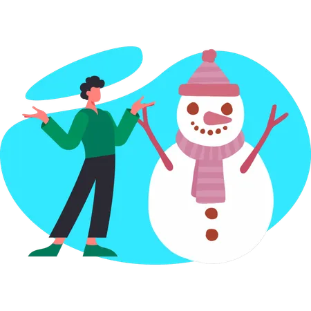 Young man standing with open hand while presenting snowman  Illustration