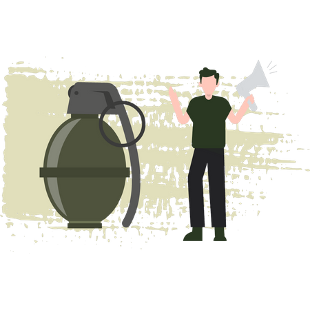 Young Man Stands Next To The Grenade Illustration