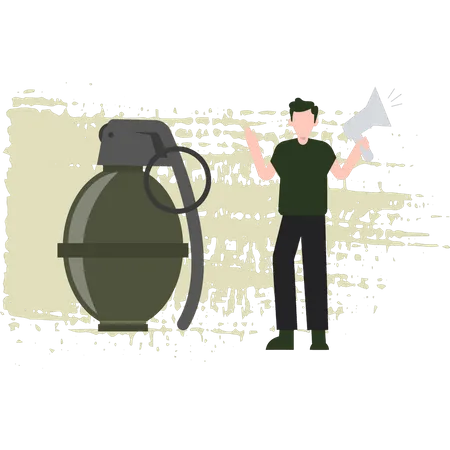 Young Man Stands Next To The Grenade Illustration