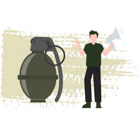 Young Man Stands Next To The Grenade  Illustration