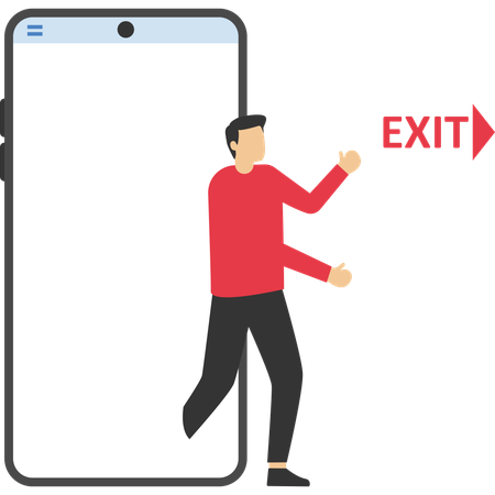 Young Man stepping out of mobile phone screen  Illustration