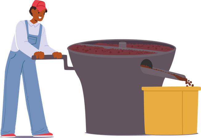 Young Man Stirring Large Vat Of Freshly Washed Coffee Beans Indicating Stage  Illustration