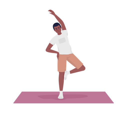 Young man stretching arm and standing on yoga mat  Illustration