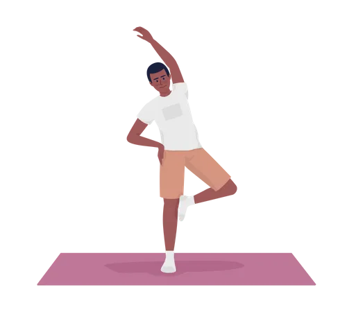 Young man stretching arm and standing on yoga mat  Illustration
