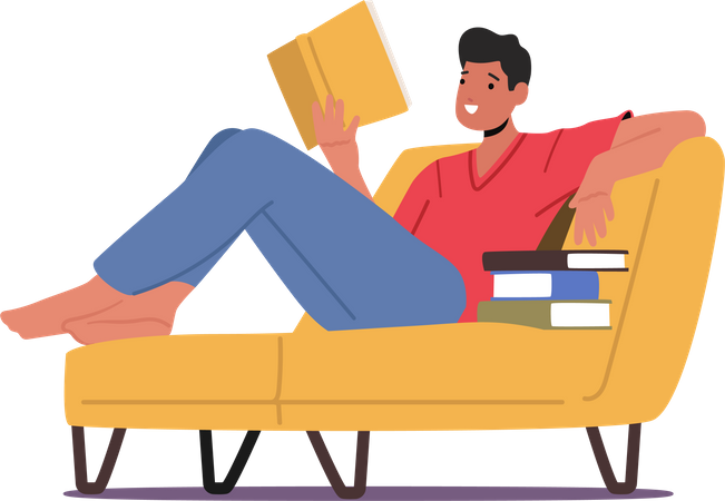 Young Man Student Reading Book Lying on Couch Illustration
