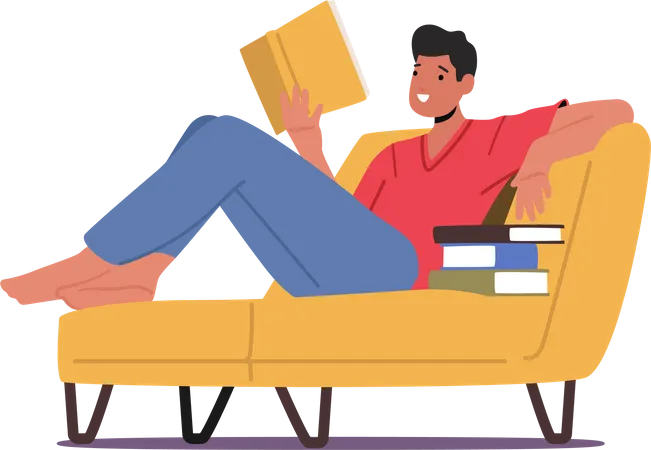Young Man Student Reading Book Lying on Couch  Illustration