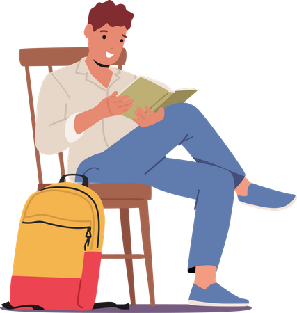Young Man Student Sitting on Chair with Book in Hands Illustration
