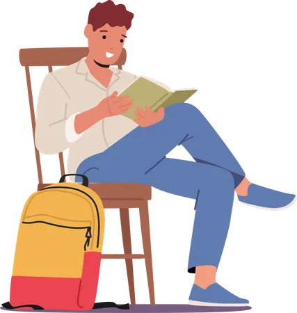 Young Man Student Sitting on Chair with Book in Hands Illustration