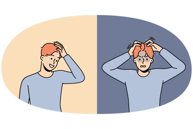 Young man suffer from dandruff versus excited with clean healthy hair after treatment  Illustration