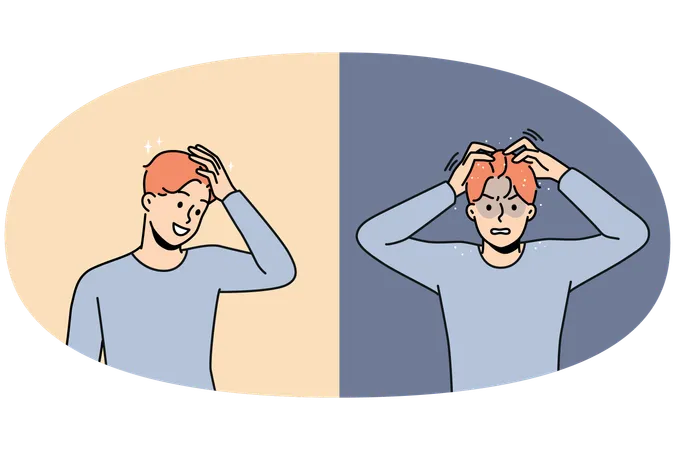 Young man suffer from dandruff versus excited with clean healthy hair after treatment  Illustration