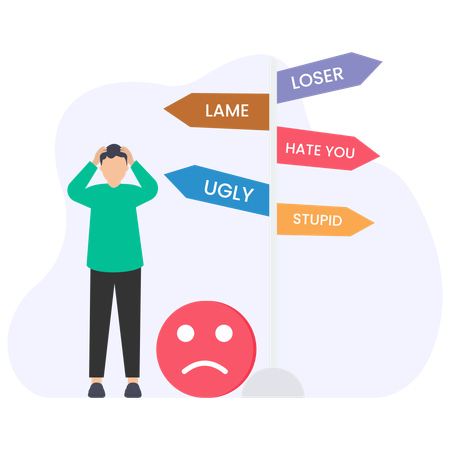 Young man suffering from cyberbullying and online harassment feeling sad and desperate  Illustration