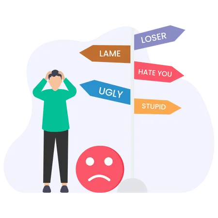 Young man suffering from cyberbullying and online harassment feeling sad and desperate  Illustration