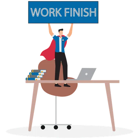 Young man superhero finish work on office desk  Illustration