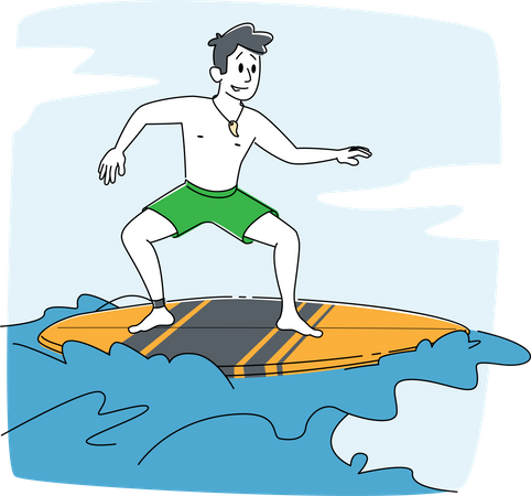 Young Man Surfer Character in Swim Wear Riding Big Sea Wave on Board Illustration