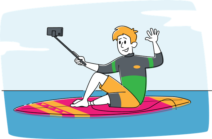 Young Man Surfer in Swim Wear Sitting on Surf Board in Sea Making Selfie on Smartphone  Illustration