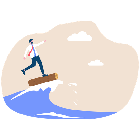 Young man surfing sea waves with sticks  Illustration