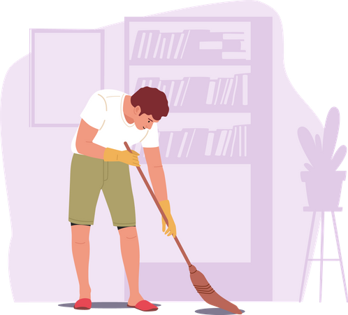 Young Man Sweeping Floor with Broom  Illustration