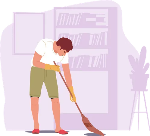 Young Man Sweeping Floor with Broom Illustration