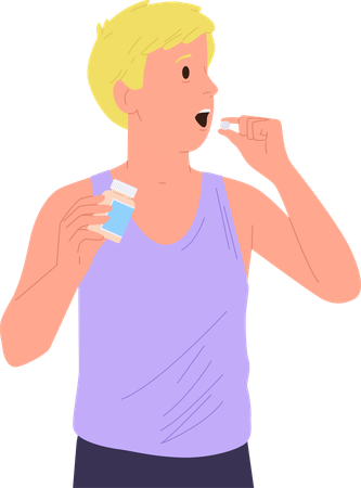 Young man taking pharmaceuticals or vitamin for health  Illustration