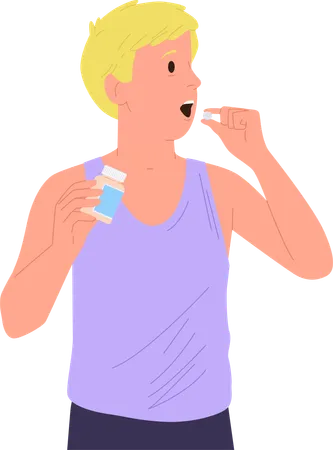 Young man taking pharmaceuticals or vitamin for health  Illustration