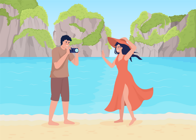 Young man taking photos of wife on beach Illustration