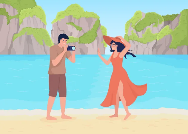 Young man taking photos of wife on beach Illustration