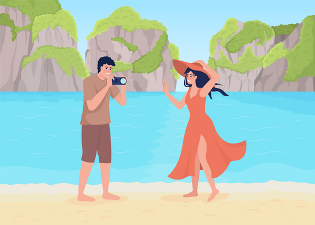 Young man taking photos of wife on beach  Illustration