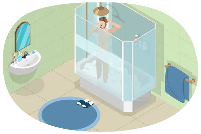 Young man taking shower  Illustration