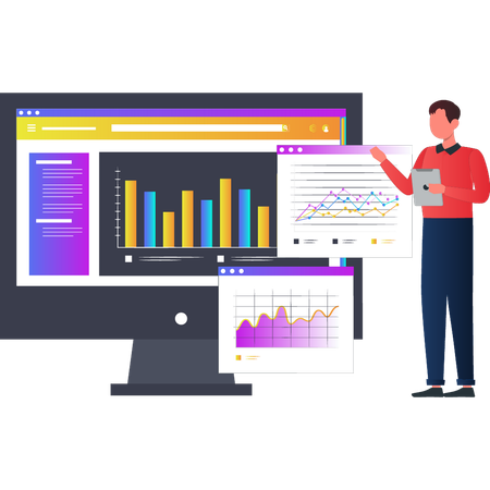 Young man talking about graph report on monitor  Illustration